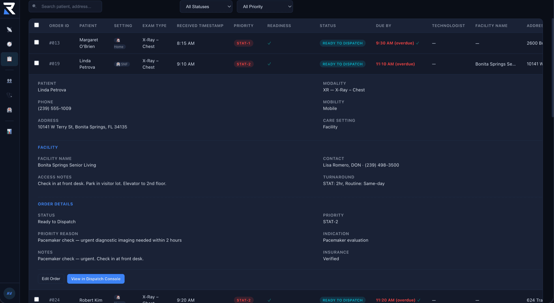 Order detail panel showing patient info, facility, and order status