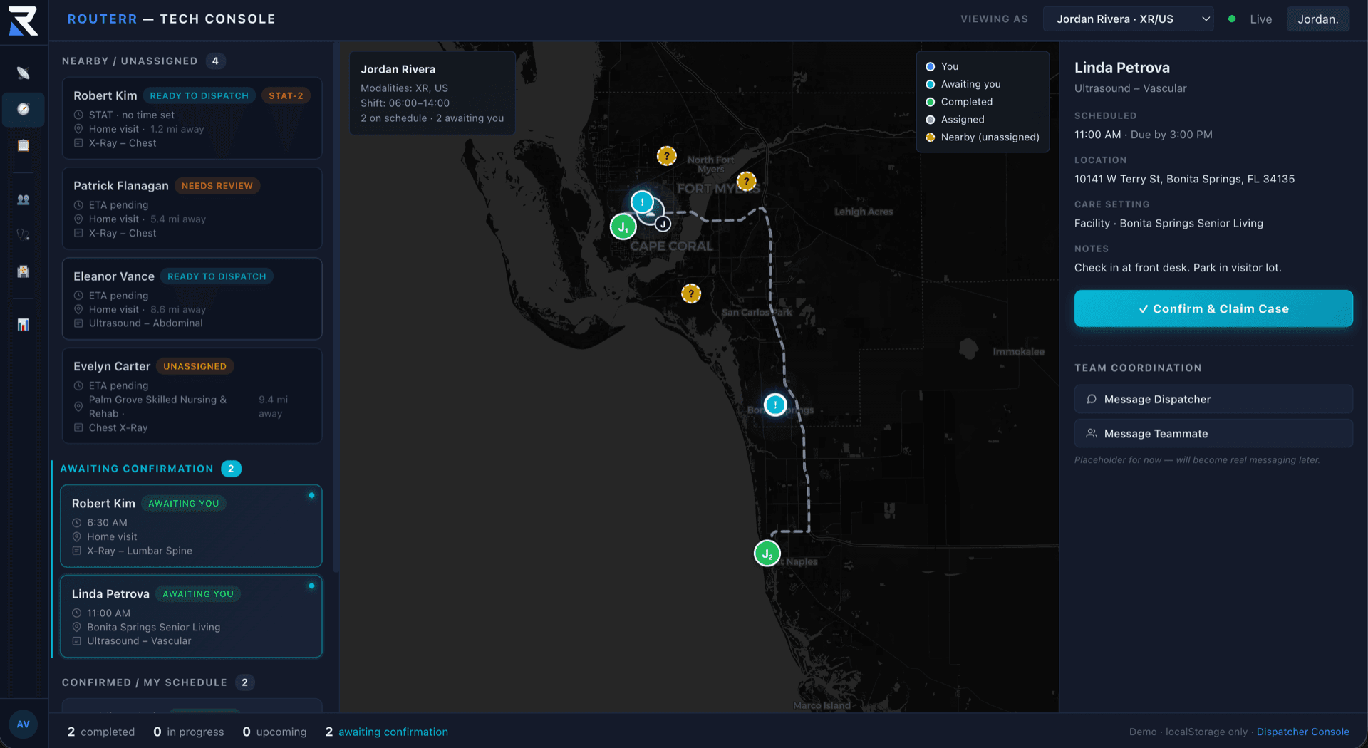 Tech console showing technician assignments and appointment details on map